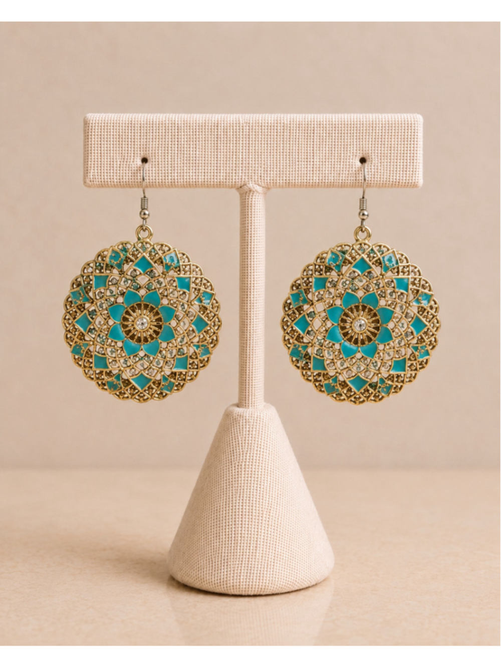 Boho Gold Tone Turquoise Filigree Disc Dangle Rhinestone Statement Earrings